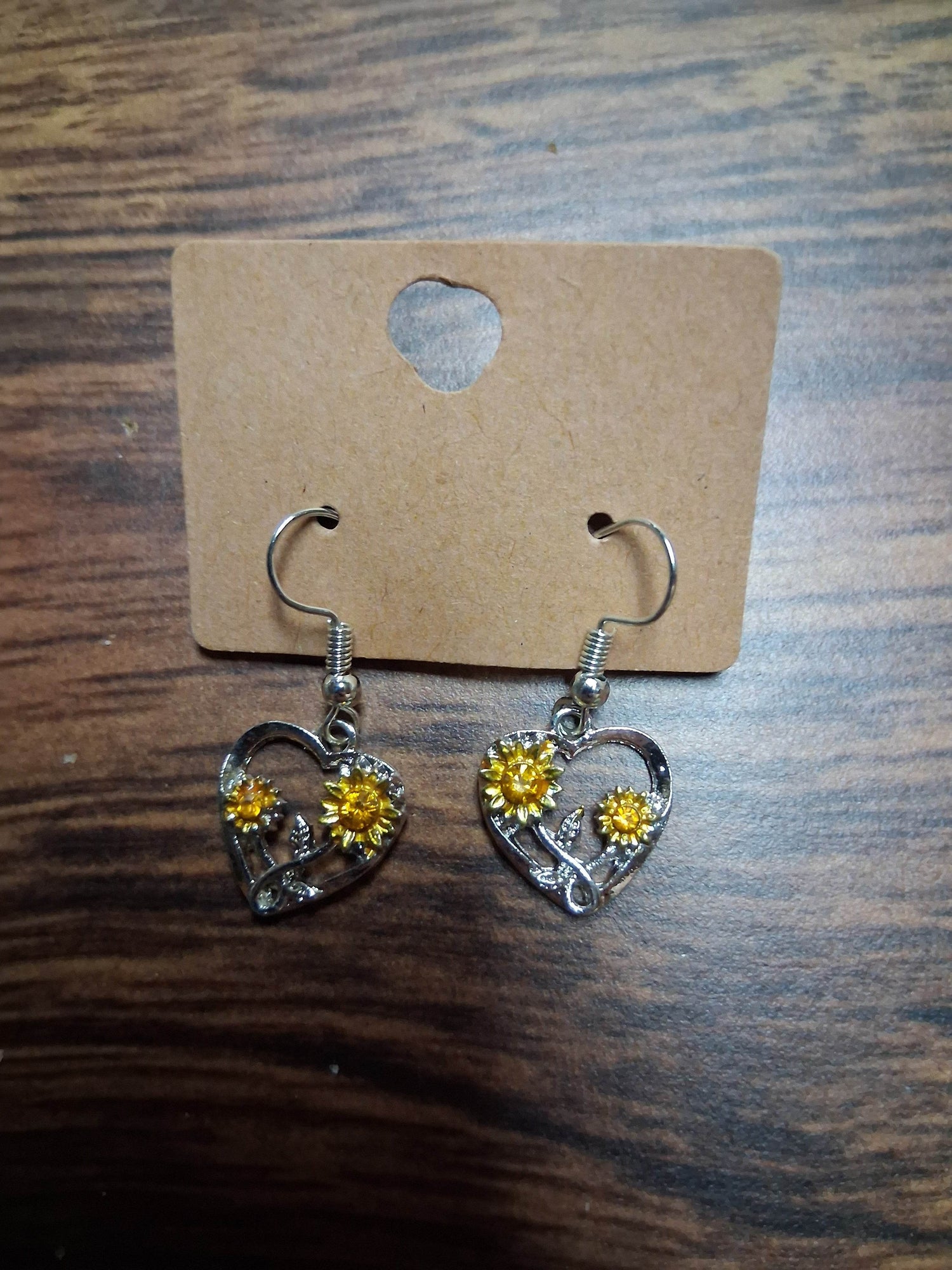 Metal Sunflower Heart Earrings - SnazzySlothJewelers 